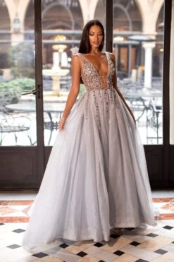 Yolanda Beaded Tulle Gown - Silver -Alamour The Label Shop 102 f9c73b55 330e 44f9 b9d6 7c1bb5842959